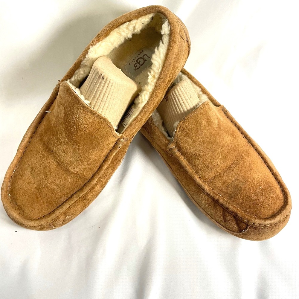 Mens UGG Ascot Slipper 11M12W Suede Fleece Tan Leather Outdoor Rubber Sole Warm